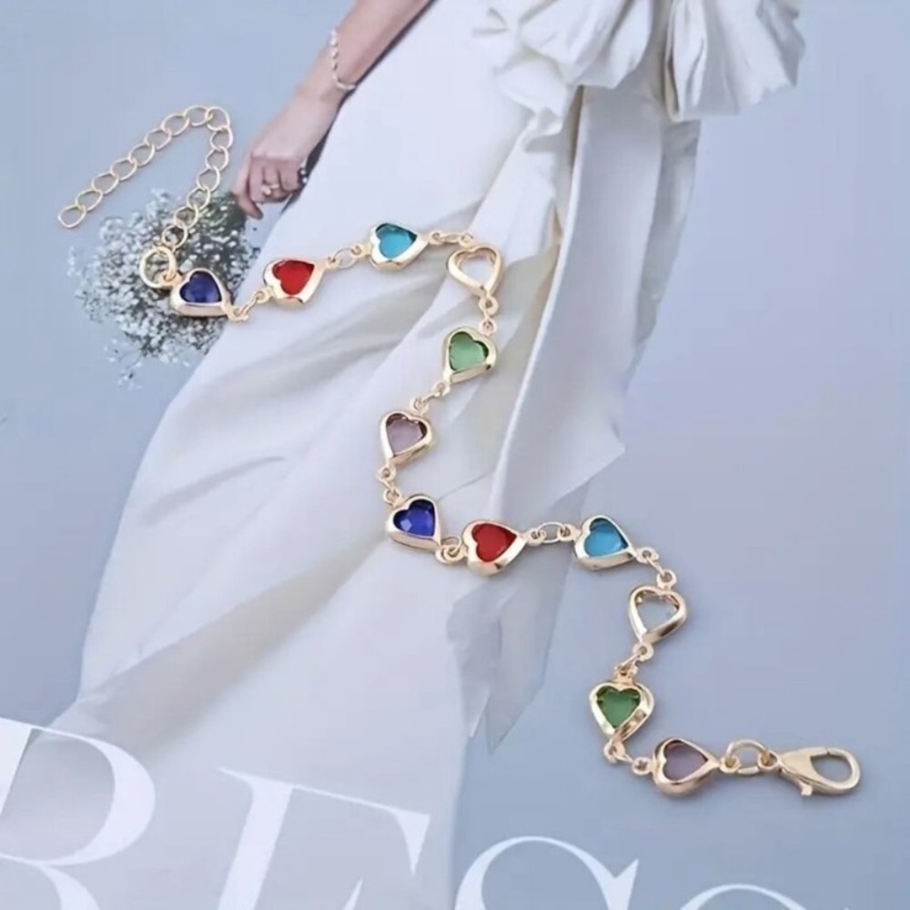 Silvertone Multi Color Heart Bracelet 6.5 w/ 2" extender